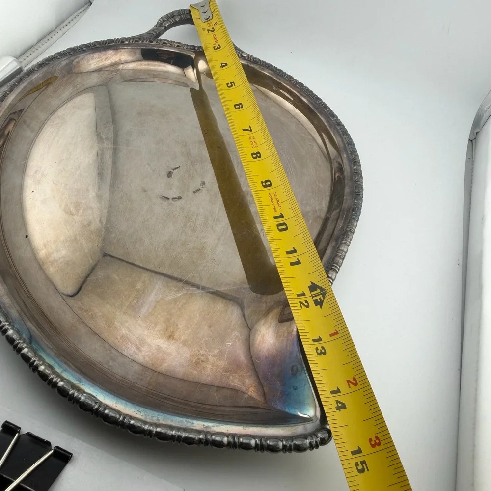 LE Silver Plated Teardrop Leaf Serving Tray Beaded Rim Handle